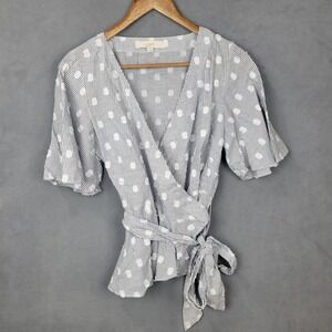 Loft Top Women's Small White Blue Striped Polka Dot‎ Cotton V-Neck Knotted Front